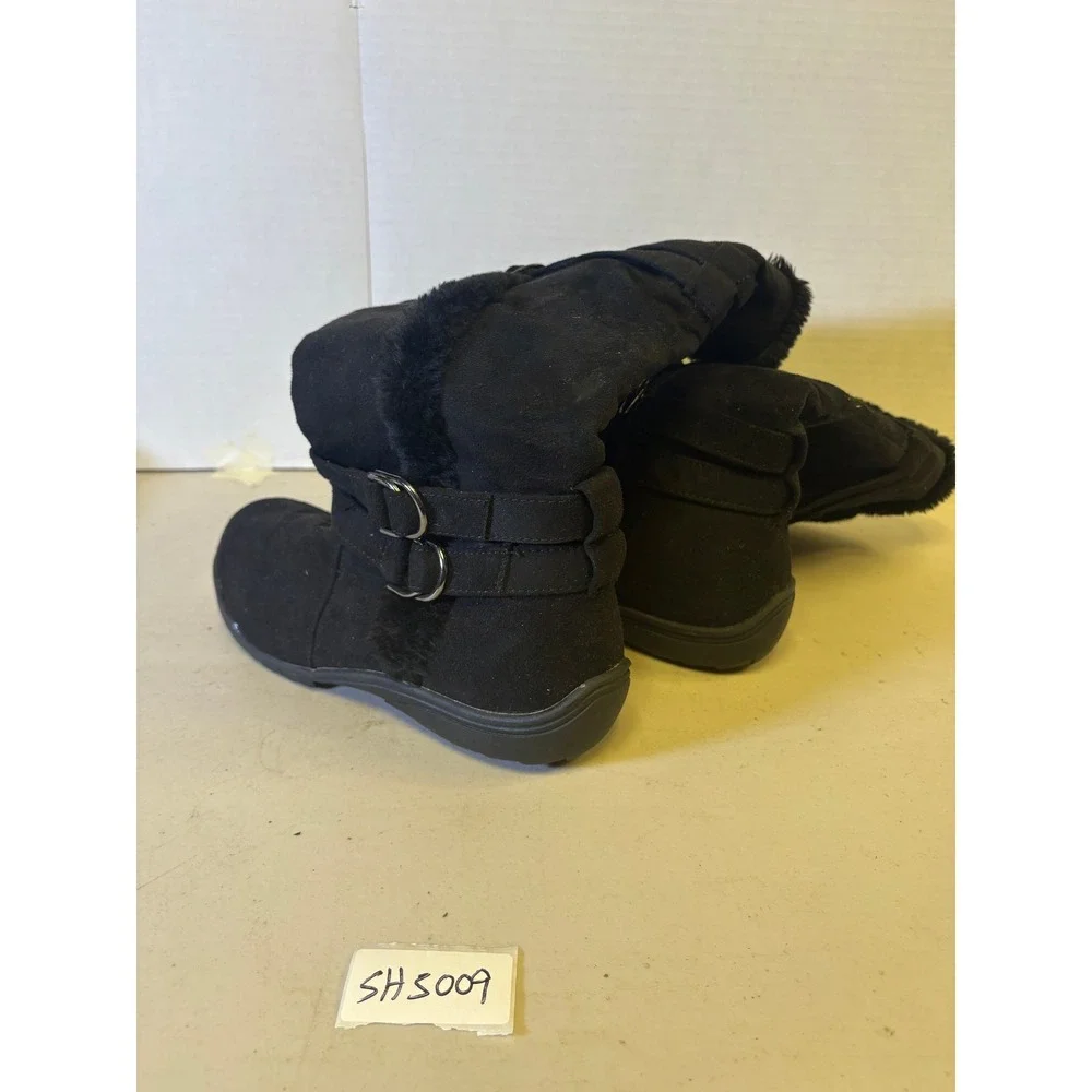 Shoe Dept Buffy Black Faux Suede Fur Trim Mid Calf Buckle Boots Womens 8.5M